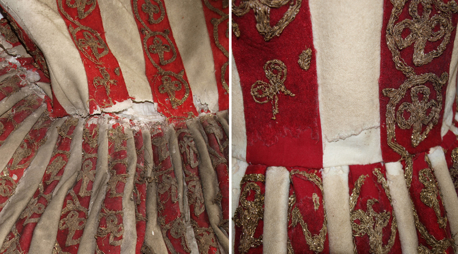 wams-detail-vor-nach1 Schloss Kaps: Wams-Detail mit Mottenfraß vor und nach der Restaurierung