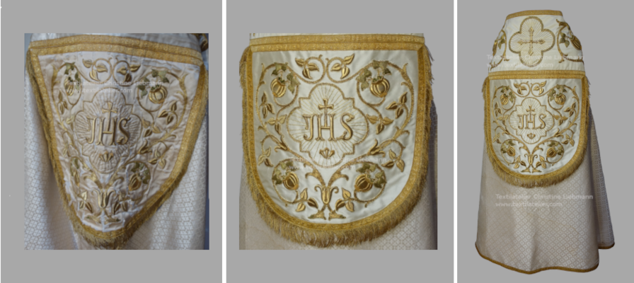 Pluviale mit praechtiger Goldstickerei aus der Pfarre Puergg. Details der Kappa mit Ansicht vor und nach der Restaurierung.
