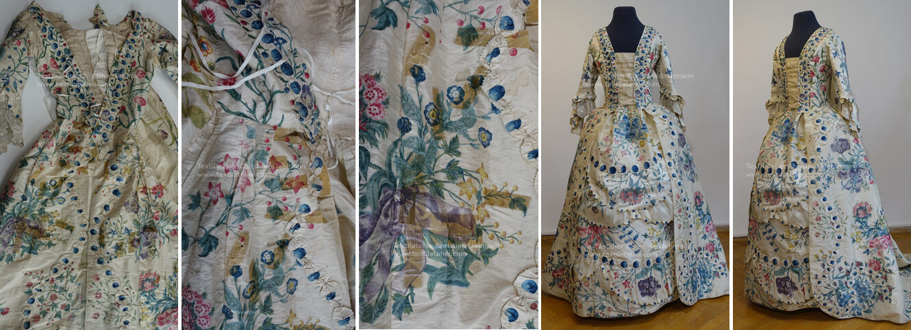 Schloss Aichberg: Rokokokleid Frankreich aus 1750 vor und nach Konservierung Schloss Aichberg: Rokokokleid Frankreich aus 1750 vor und nach Konservierung