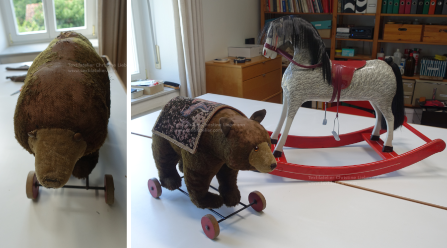 1-Bär-Pferd-900x500 Antiker Bär auf Rollen vor und nach der Restaurierung und ein antikes Schaukelpferd (aus Privatbesitz)
