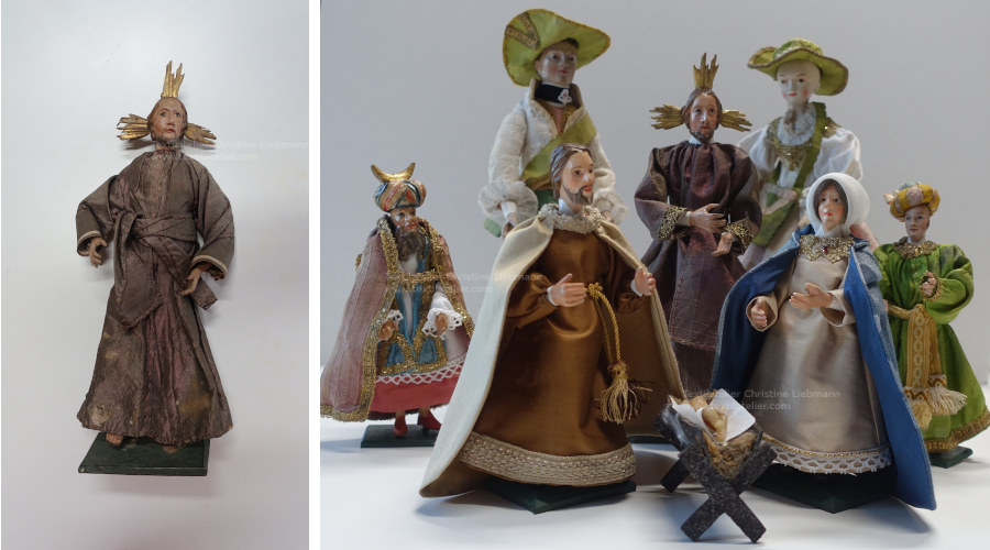 Krippe Pöllau bei Neumarkt: Figur des Jesus bei der Weinverwandlung vor der Restaurierung und einer Aufstellung von Figuren bei Jesu Geburt und bei der Weinverwandlung in Kana