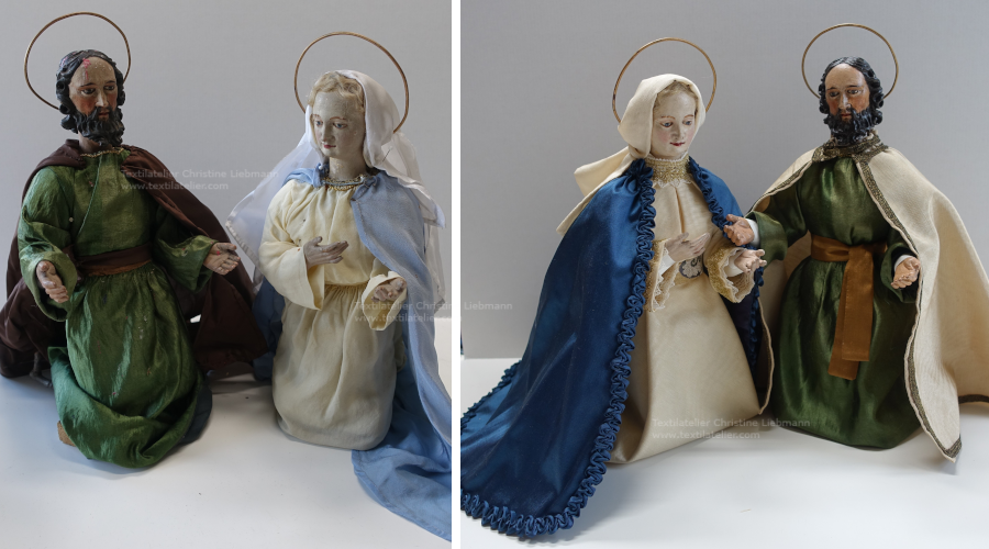 Krippe von St. Marein bei Neumarkt: Figuren der "Heiligen Maria" und des "Heiligen Josef" vor und nach der Restaurierung